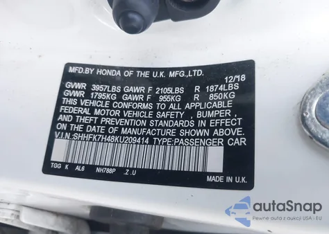 2019 Honda Civic Sport from USA, damaged, VIN SHHFK7H48KU209414